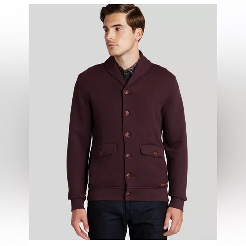 Ted Baker men’s burgundy 
Farfell Shawl Collar Cardigan 
Size 3